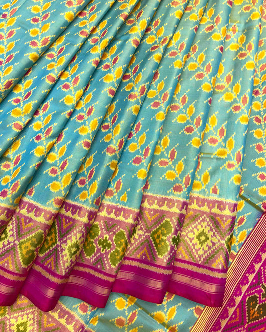 Pink & Yellowish Sky Blue Leaves Leheriya Patola Saree