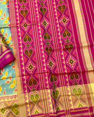 Pink & Yellowish Sky Blue Leaves Leheriya Patola Saree