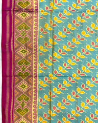 Pink & Yellowish Sky Blue Leaves Leheriya Patola Saree