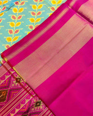 Pink & Yellowish Sky Blue Leaves Leheriya Patola Saree