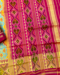 Pink & Yellowish Sky Blue Navratan Patola Saree