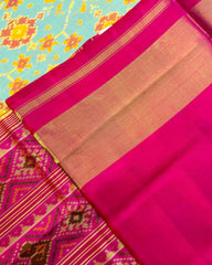 Pink & Yellowish Sky Blue Navratan Patola Saree