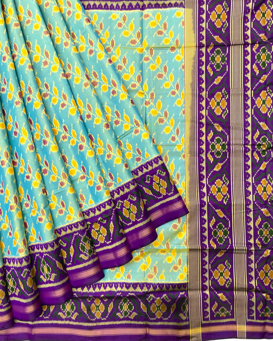 Purple & Sky Blue Leheriya Leaves Patola Saree