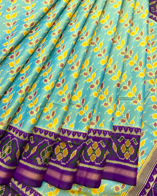 Purple & Sky Blue Leheriya Leaves Patola Saree