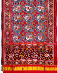 Red & Sky Blue Chhabdi Elephant Twill Patola Saree