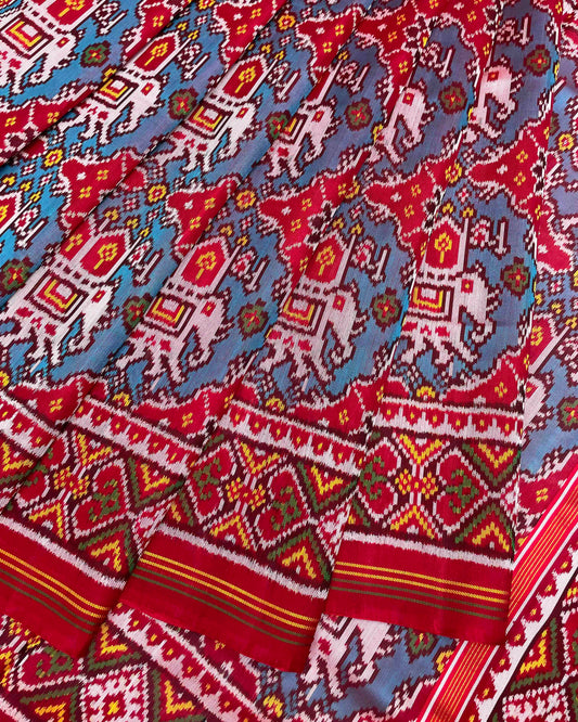 Red & Sky Blue Chhabdi Elephant Twill Patola Saree