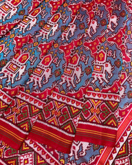 Red & Sky Blue Chhabdi Elephant Twill Patola Saree