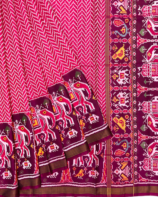 Purplish Maroon & Pink Zig Zag with Elephant Scut Border Patola Saree