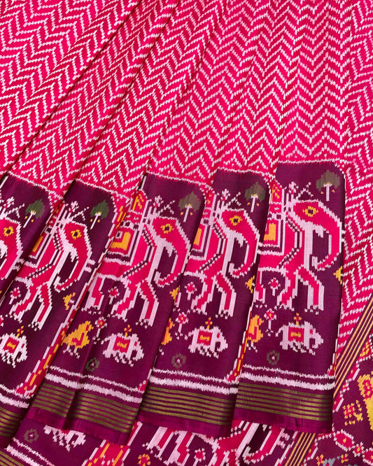 Purplish Maroon & Pink Zig Zag with Elephant Scut Border Patola Saree