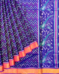 Purple & Blue Zig Zag Lining with Parrot Pallu Patola Saree