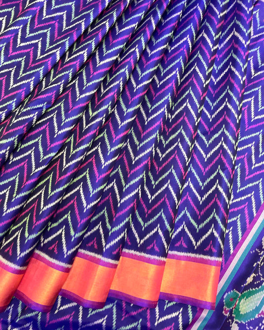 Purple & Blue Zig Zag Lining with Parrot Pallu Patola Saree