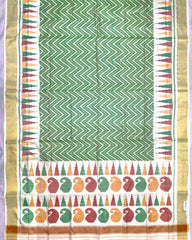 White & Light Green Zig Zag Lining Patola Saree