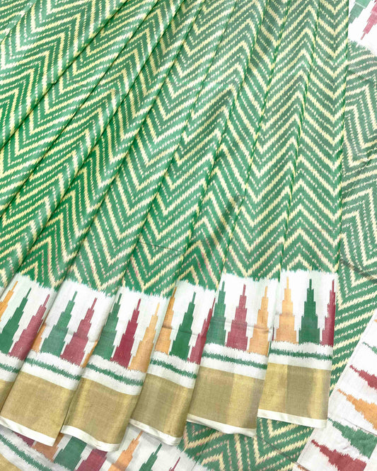 White & Light Green Zig Zag Lining Patola Saree