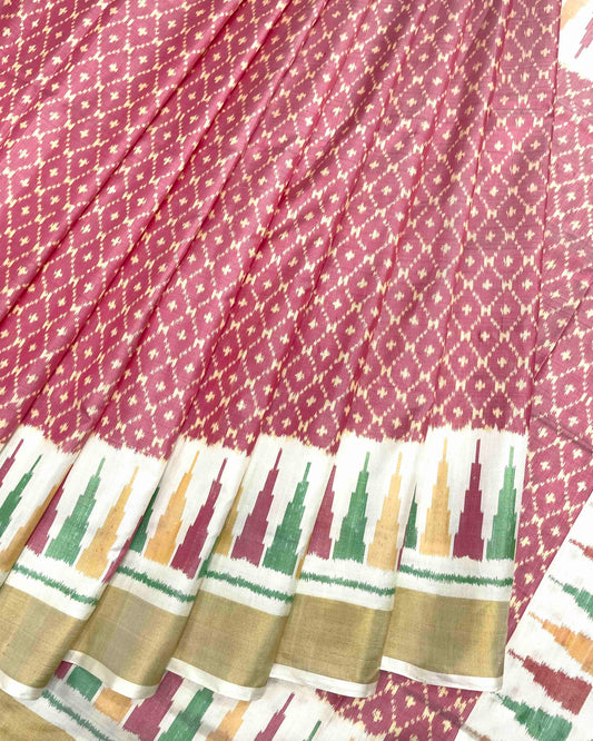 White & Carrot Pink Booty Design Patola Saree