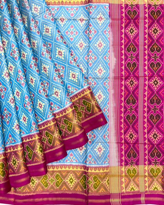 Pink & Sky Blue Panchanda Patola Saree