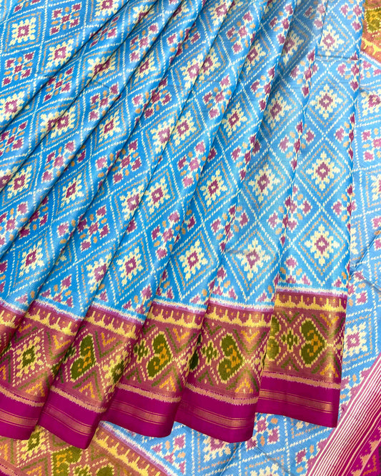 Pink & Sky Blue Panchanda Patola Saree