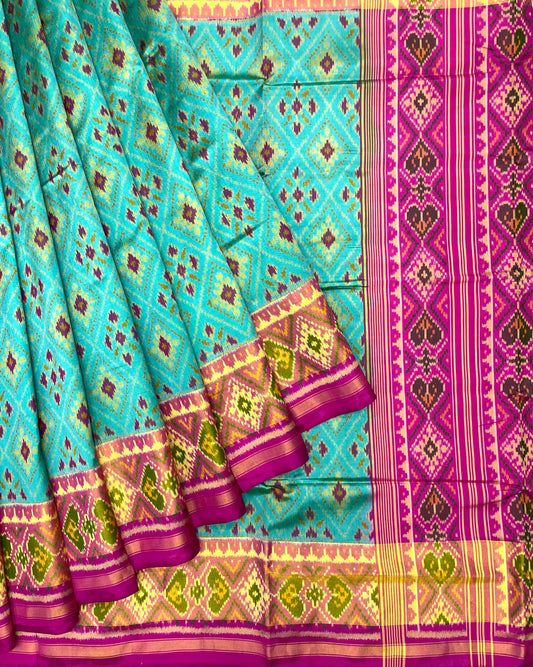 Pink & Sea Green Panchanda Patola Saree