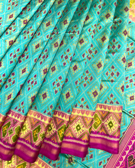 Pink & Sea Green Panchanda Patola Saree