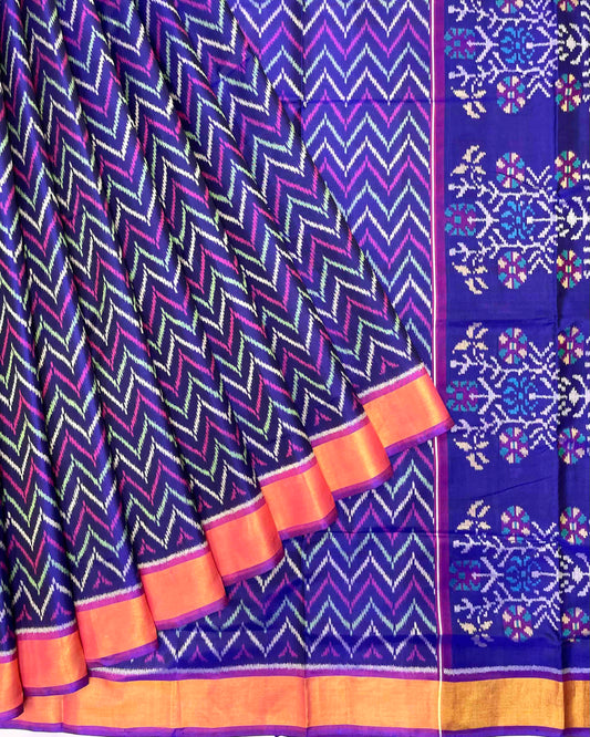 Purple & Blue Zig Zag Lining Patola Saree