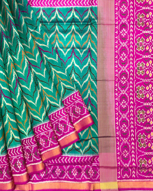 Pink & Sea Green Zig Zag Patola Saree