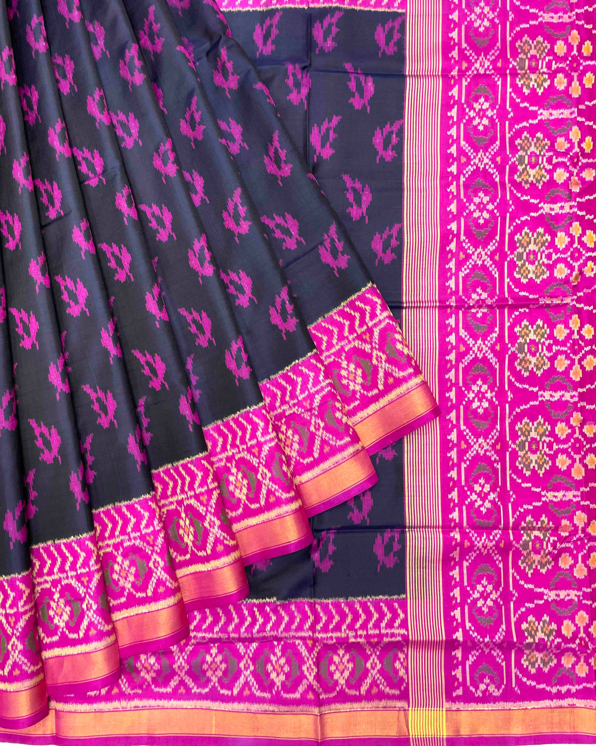 Pink & Black Fancy Leaves Patola Saree