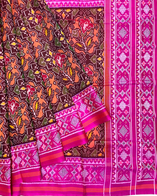 Pink & Maroon with Peach Big Figure Flower Patola Saree