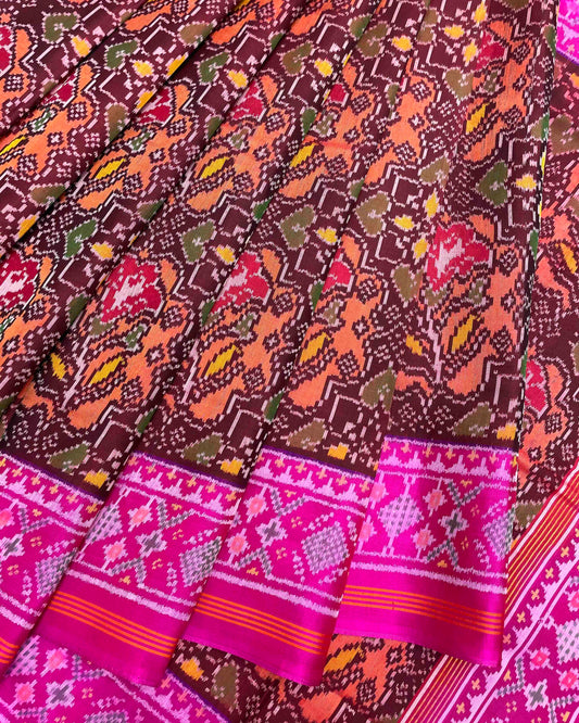 Pink & Maroon with Peach Big Figure Flower Patola Saree