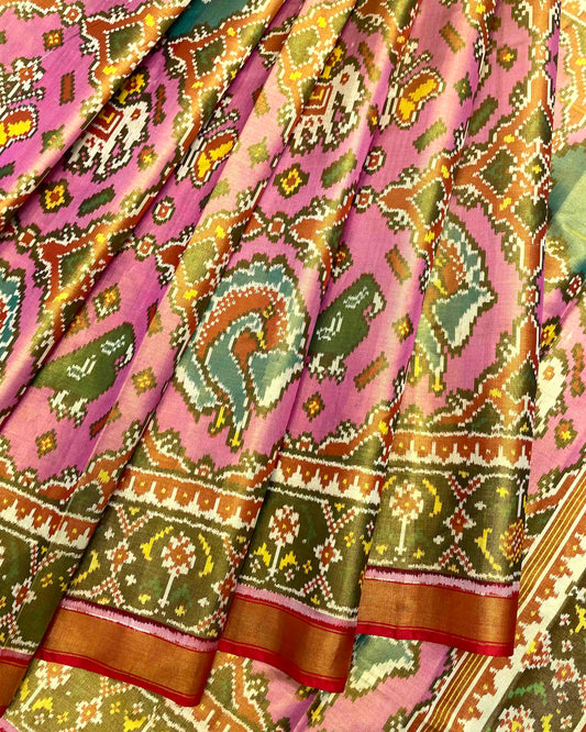 Golden & Light Pink Big Figure Chhabdi Narikunj Tissue Patola Saree