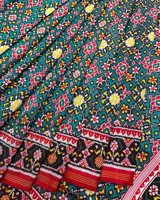 Red & Turquoise Navratan Twill Patola Saree