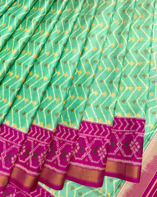 Pink & Sea Green Zig Zag Lining Patola Saree