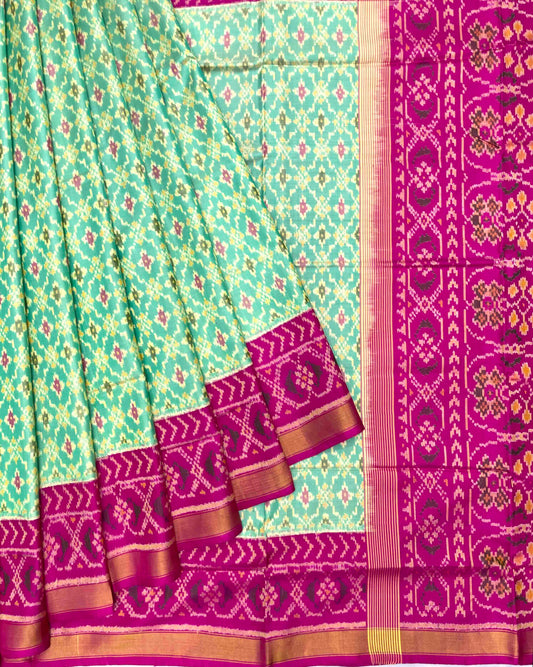 Pink & Sea Green Buttonful Patola Saree