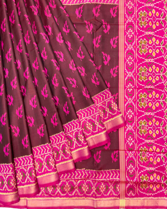 Pink & Brown Fancy Leaves Patola Saree