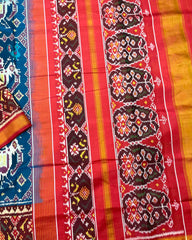 Red & Turquoise Big Figure Elephant Patola Saree