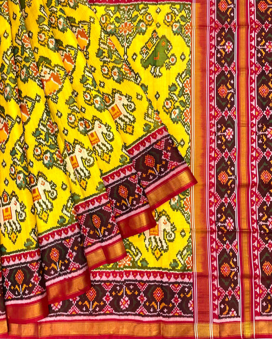 Red & Lemon Yellow Narikunj Chhabdi Patola Saree