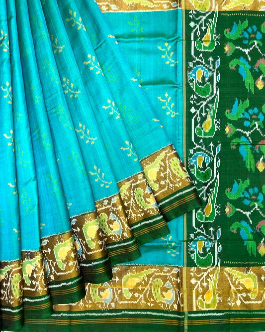 Green & Sky Blue Fancy Flower Patola Saree