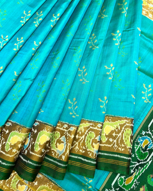 Green & Sky Blue Fancy Flower Patola Saree