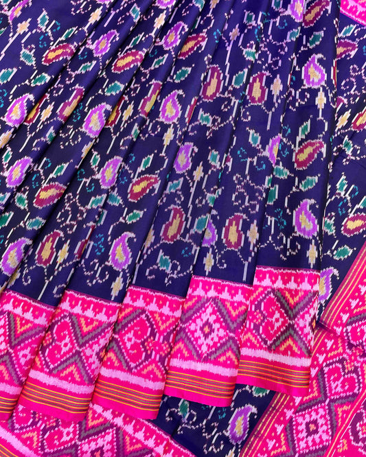 Pink & Blue Fancy Leaves Patola Saree