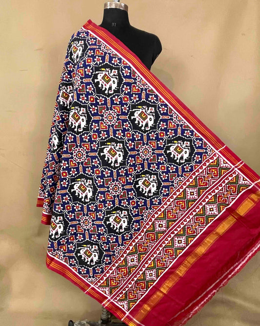 Red & Blue Manekchowk Elephant Patola Dupatta