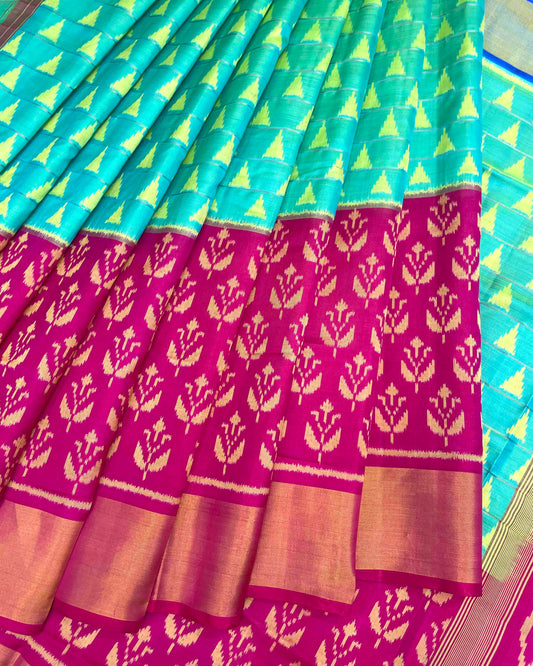 Pink & Sea Green Fancy Design with Scut Border Patola Saree