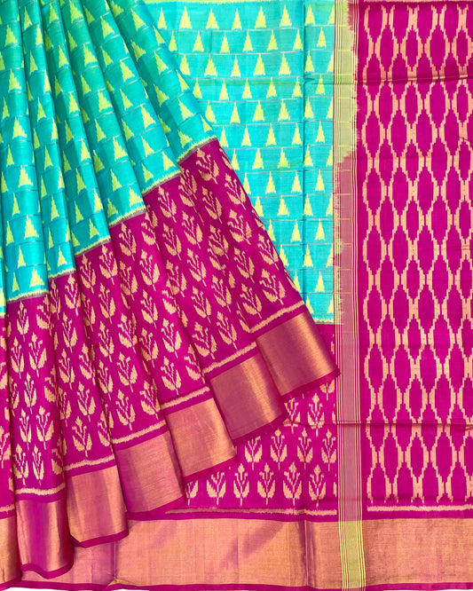 Pink & Sea Green Fancy Design with Scut Border Patola Saree