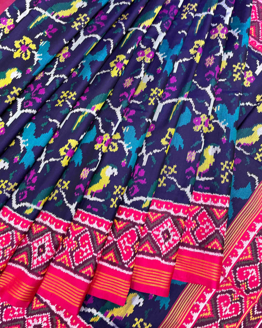 Pink & Navy Blue Fancy Bird Patola Saree