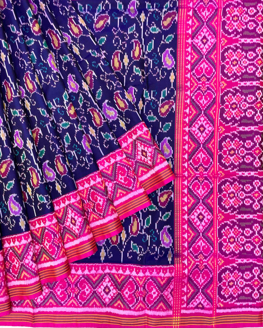 Pink & Blue Fancy Leaves Patola Saree