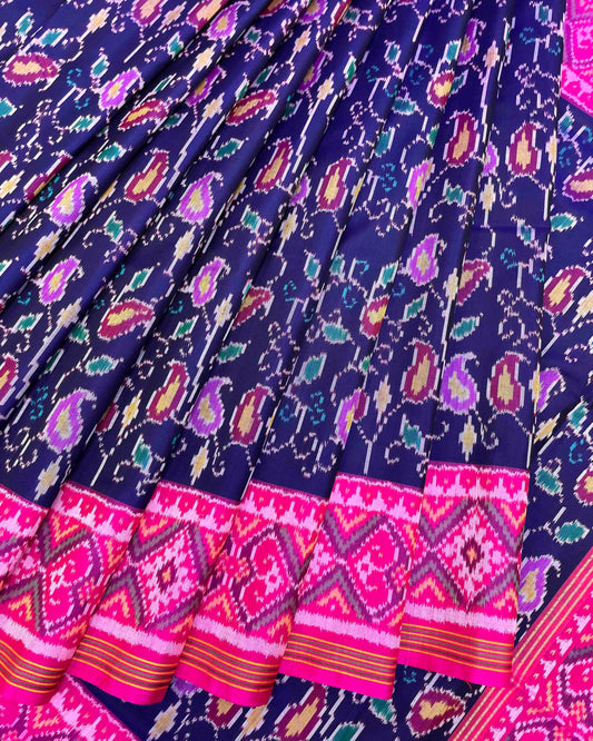 Pink & Blue Fancy Leaves Patola Saree