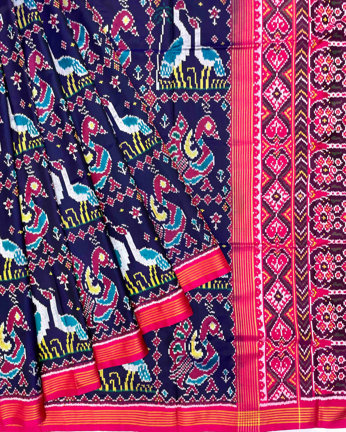 Pink & Navy Blue Swan Peacock Patola Saree