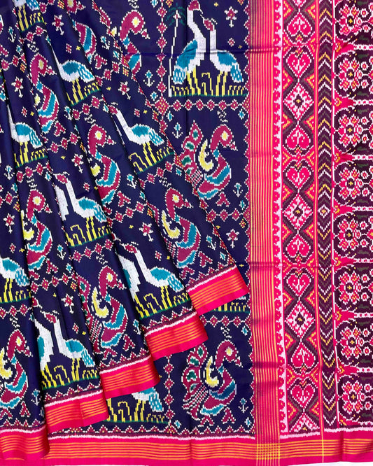 Pink & Navy Blue Swan Peacock Patola Saree