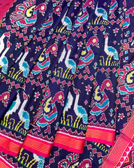 Pink & Navy Blue Swan Peacock Patola Saree