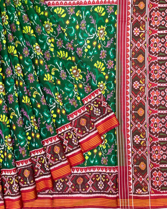 Red & Green Fancy Leaves Patola Saree