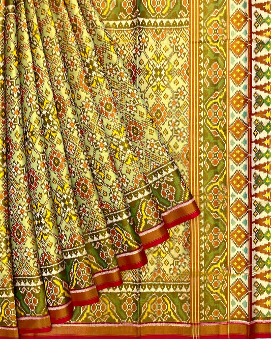 Red & Light Green Navratan Tissue Patola Saree