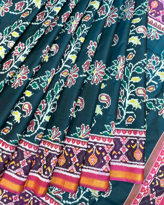 Pink & Peacock Green Blue Shaded Fancy Flower Patola Saree