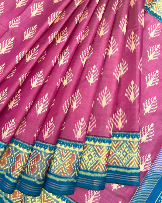 Sky Blue & Pink Fancy Leaves Patola Saree